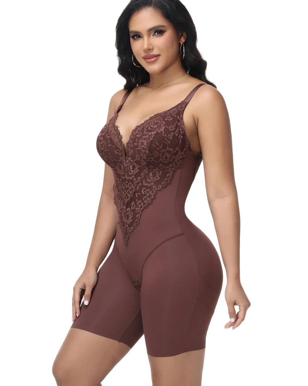 Curvalu Elegance Lace Shapewear Bodysuit Deep V Neck Mid-Thigh