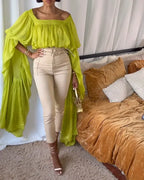 Curvalu Square Neck Chiffon Ruffled Puff Sleeve Bubble Crop Top