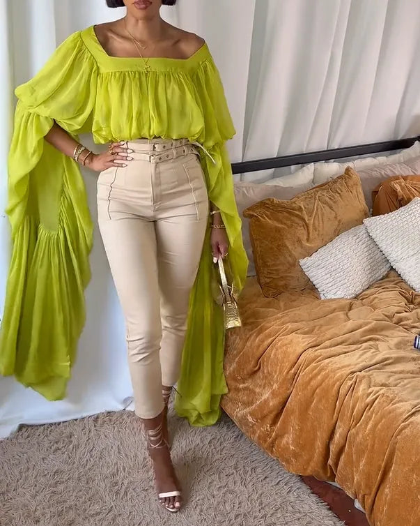Curvalu Square Neck Chiffon Ruffled Puff Sleeve Bubble Crop Top