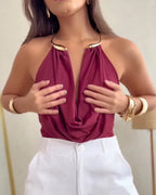 Curvalu  Body con Escote Drapeado Espalda Descubierta Detalle Dorado