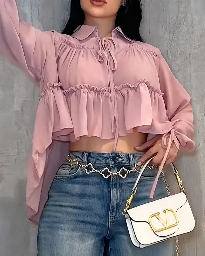 Curvalu Camisa de Gasa con Volantes Manga Larga Elegante