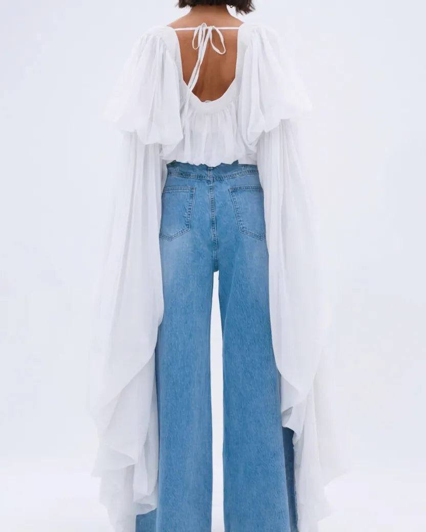 Curvalu Square Neck Chiffon Ruffled Puff Sleeve Bubble Crop Top