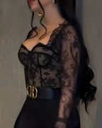 Curvalu Top Corsé Sexy de Manga Larga con Encaje Negro