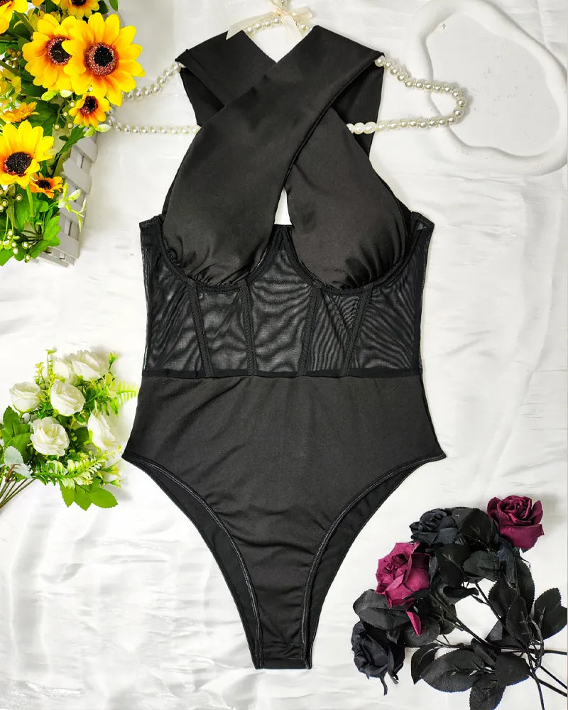 Curvalu Body Moldeador Halter de Malla con Aros Negro