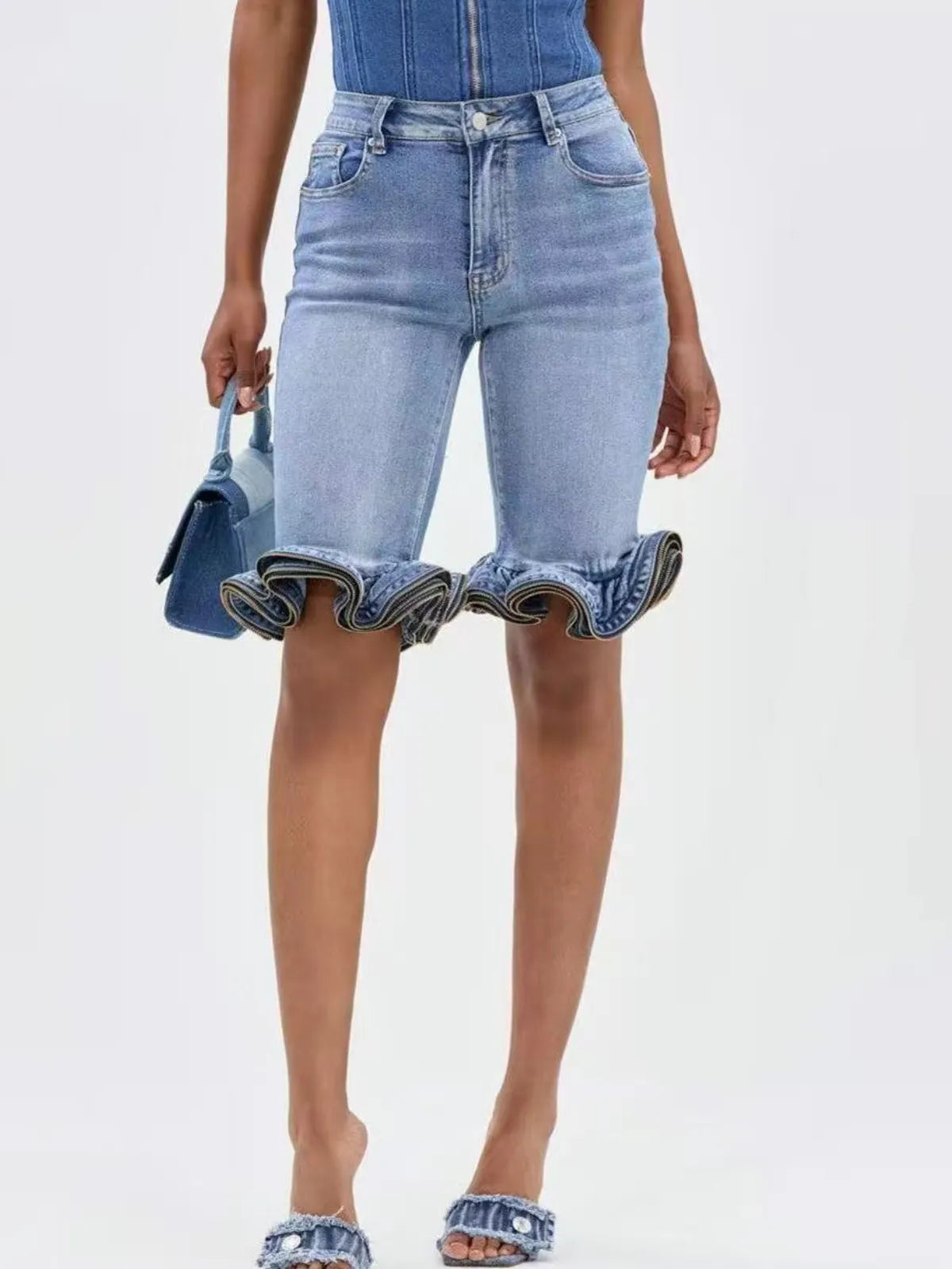 Curvalu Shorts Vaqueros de Talle Alto con Volantes