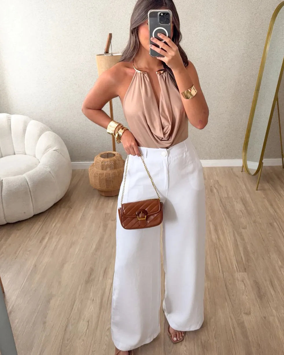 Curvalu  Body con Escote Drapeado Espalda Descubierta Detalle Dorado